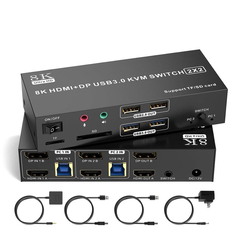 TaiLaiEra HDMI Displayport KVM Switch 2 Monitors 2 Computers 8K@60Hz 4K@120Hz,Dual Monitor Switch for 2 Computers,Support Extended/Mirror Mode SD/TF Card,4 USB 3.0 Port for Keyboard Mouse,Desktop Controller - Image 1